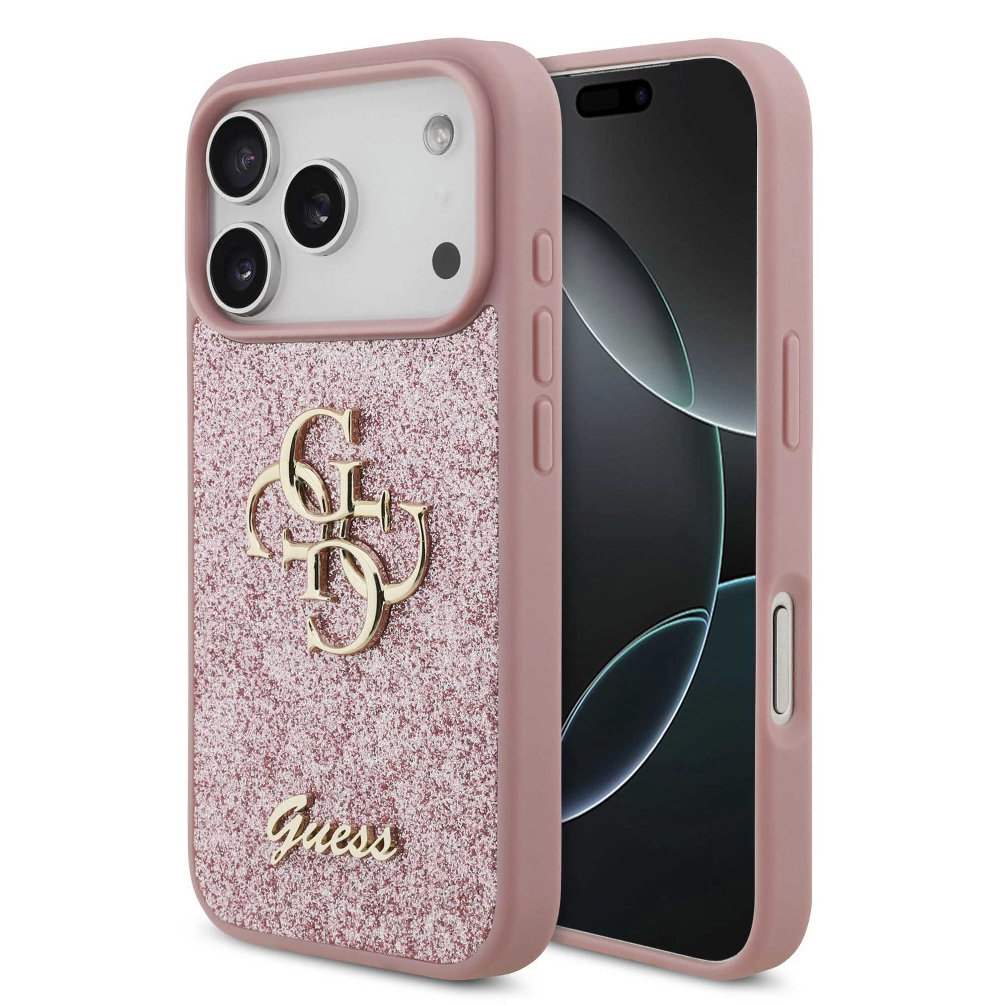 Guess PU Fixed Glitter 4G Metal Frame hoesje voor iPhone 17 Pro en iPhone 18 Pro - Roze