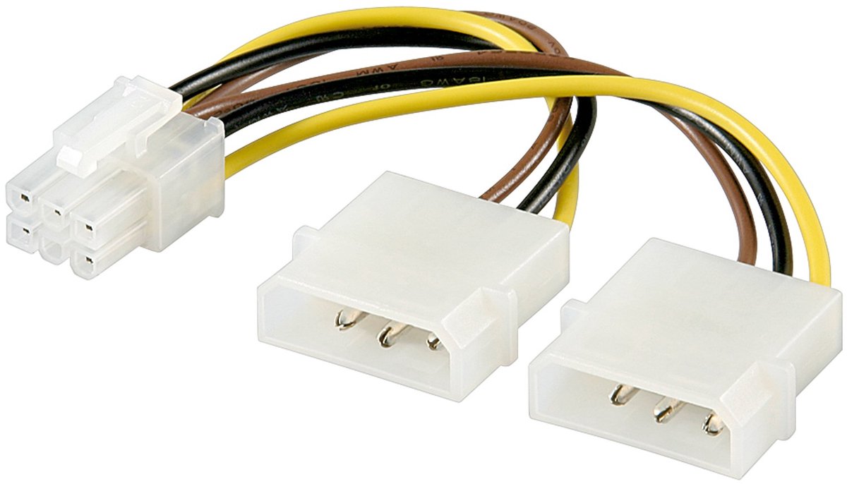 Goobay grafische pc-kaarten stroomkabel/stroomadapter, 0,15 m, PCI-E/PCI Express 6-pins, 2 x HDD/5,25 inch-stekker (4-pins)