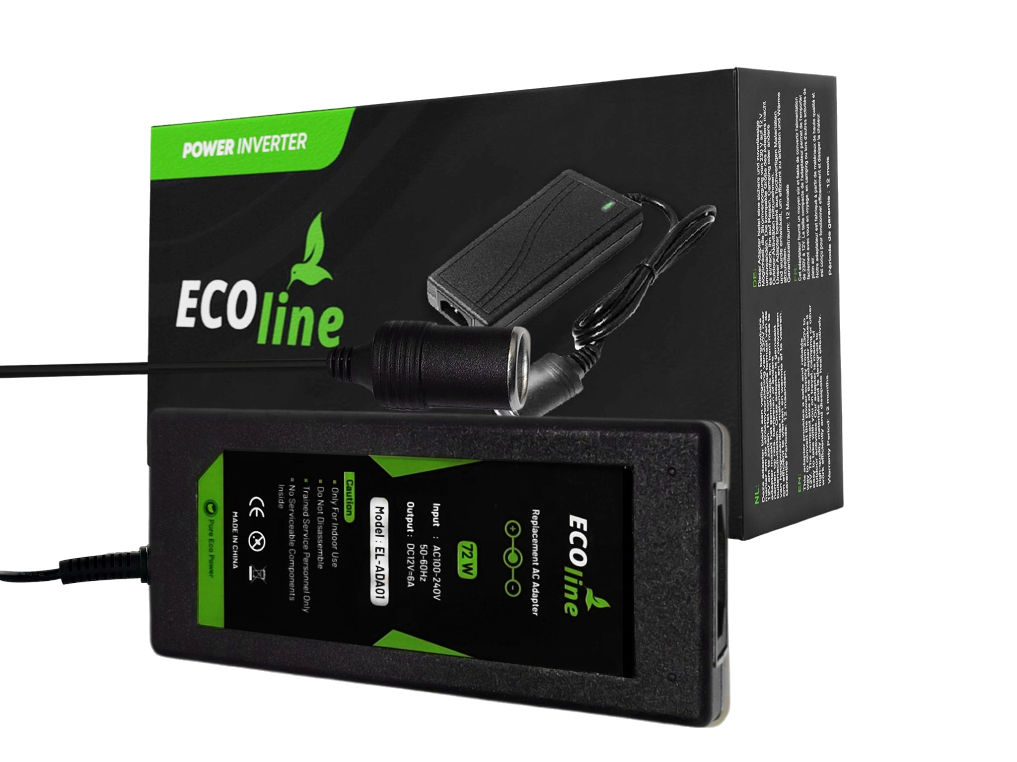 EcoLine - Adapter 230V naar 12V aansluiting 72W - Omvormer AC naar DC - voor Koelbox - zwart