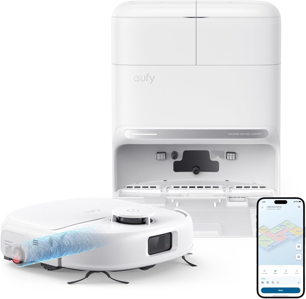 eufy Nieuw 2026 Robotstofzuiger met Dweil C28 Omni - HydroJet-zelfreinigende Dweilrol - Upgrade van X10 Pro - 15.000Pa Zuigkracht - Alles-in-1 Station - Automatisch Dweilen en Drogen - AI-obstakeldetectie