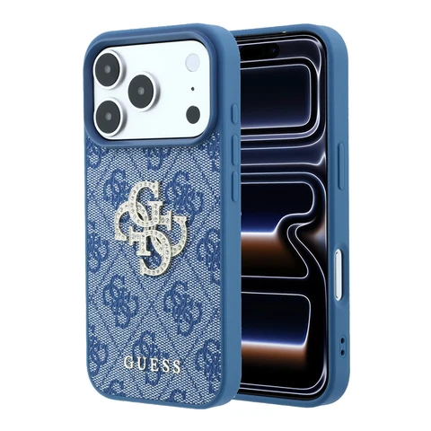 Guess iPhone 18 Pro / iPhone 17 Pro Hoesje 4G - PU - harde behuizing - groot strasslogo Blauw