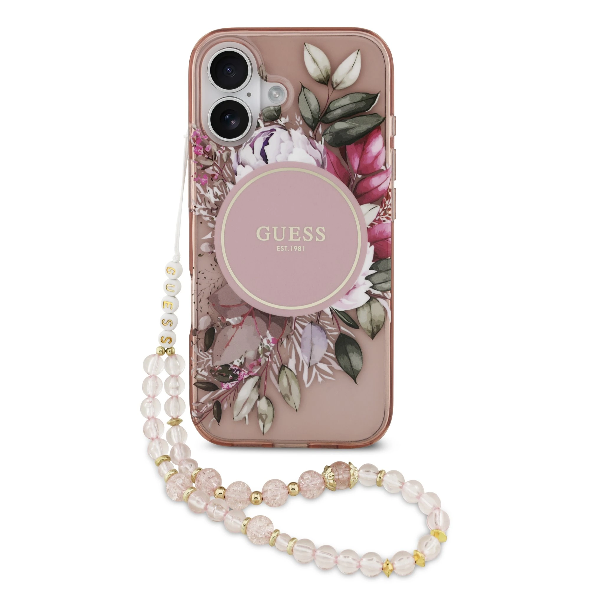 Guess IML Flowers iPhone 17 hoesje - Met MagSafe en Koord - Roze