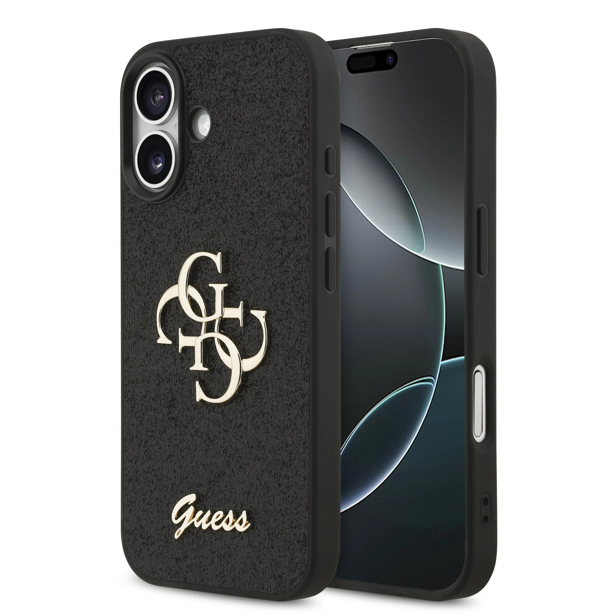 Guess PU Glitter 4G Metal Logo iPhone 17 Hoesje - Zwart