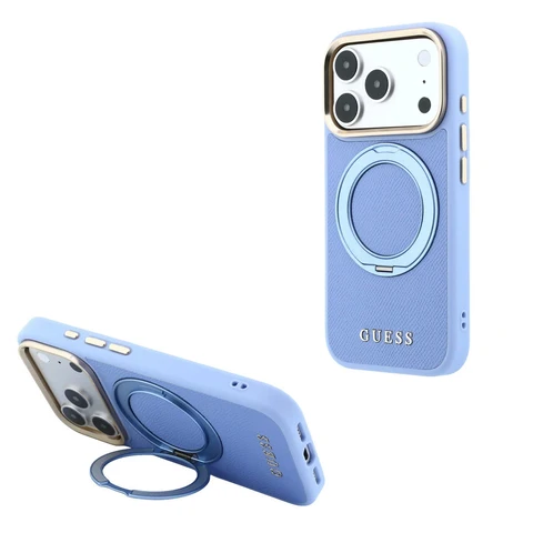 Guess iPhone 18 Pro Hoesje harde behuizing - MagSafe - ringstandaard 360 - generfd PU - klassiek logo Lichtblauw
