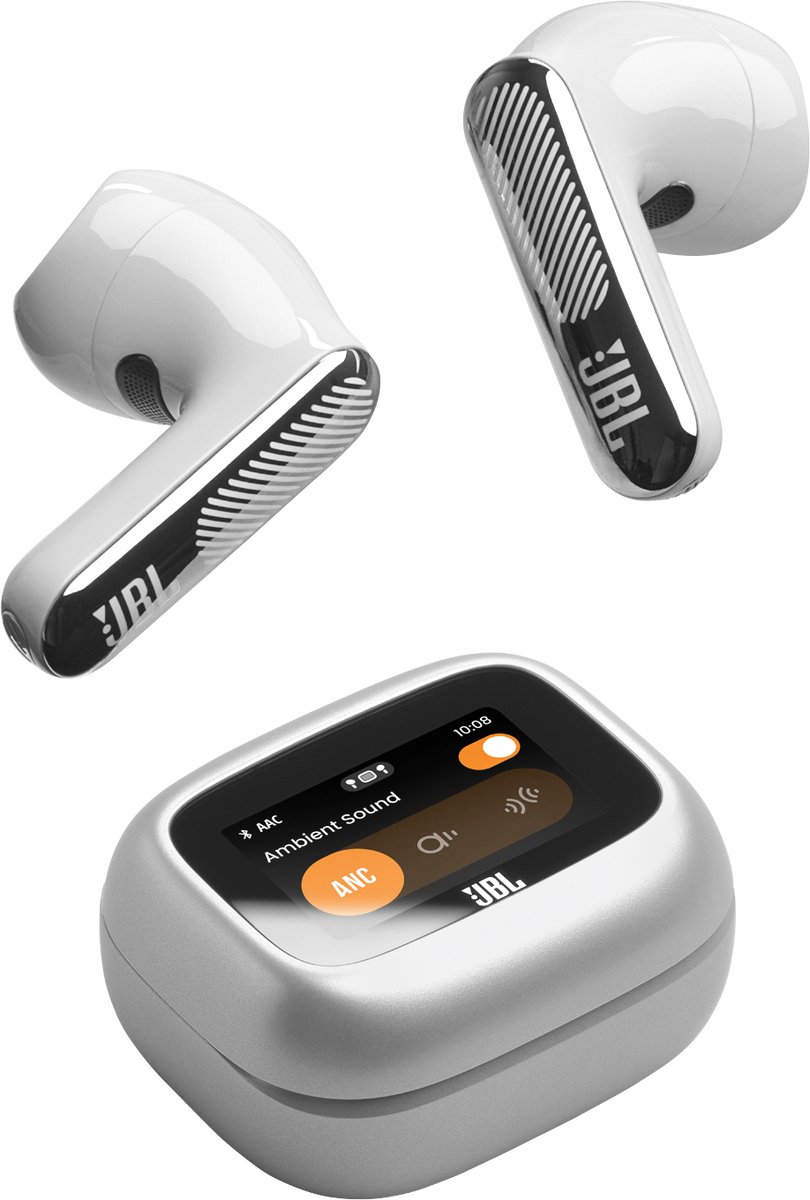 JBL Live Flex 4 – Draadloze Oortjes met Noise Cancelling – Smart Case met Touchscreen – Bluetooth Draadloos Oordopjes – 50 uur – Waterdicht – IP54 - Zilver