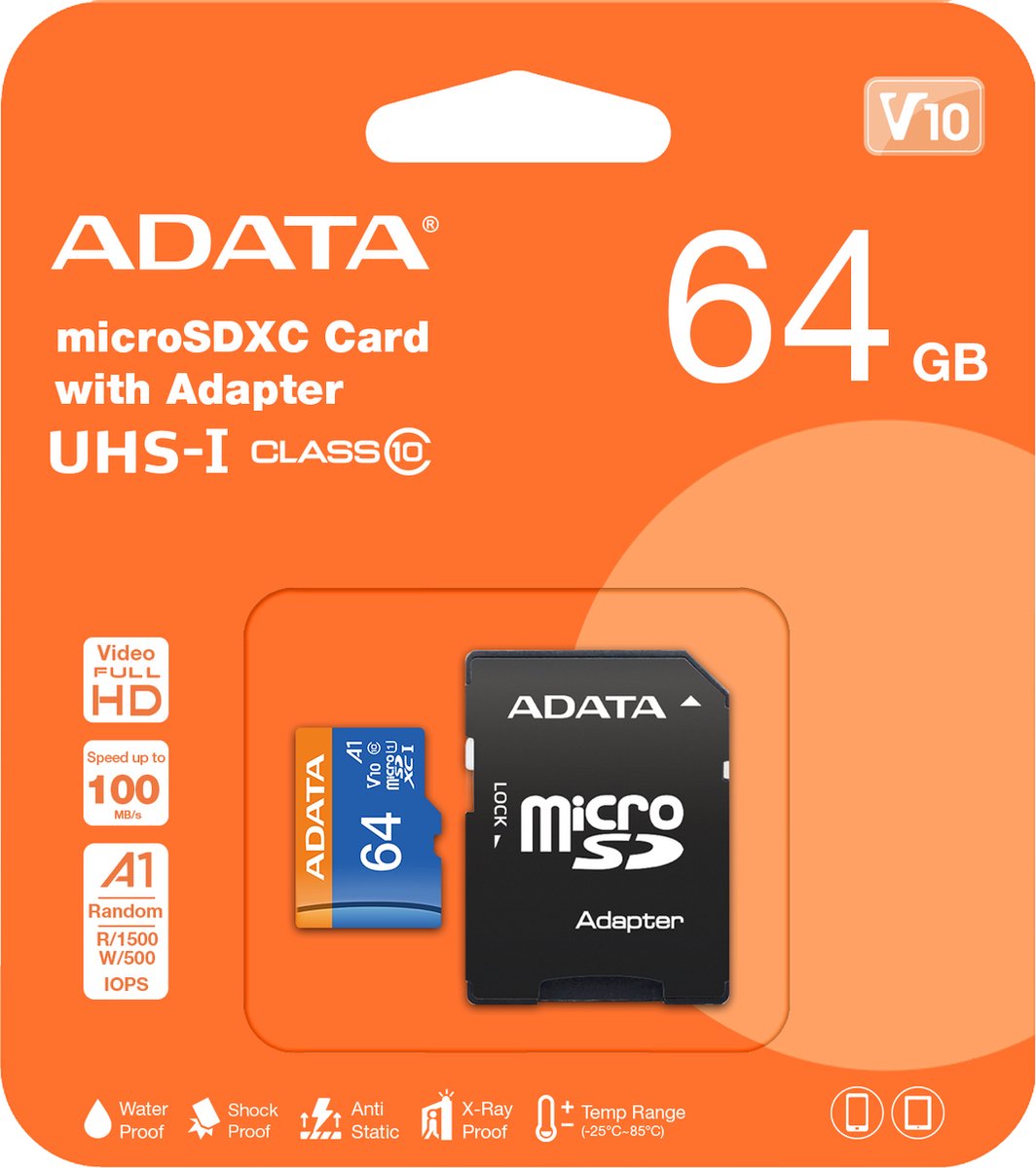ADATA Premier 64 GB microSDXC UHS-I Class 10 Geheugenkaart – Snelle en Betrouwbare Opslag voor Smartphones, Tablets en Camera's