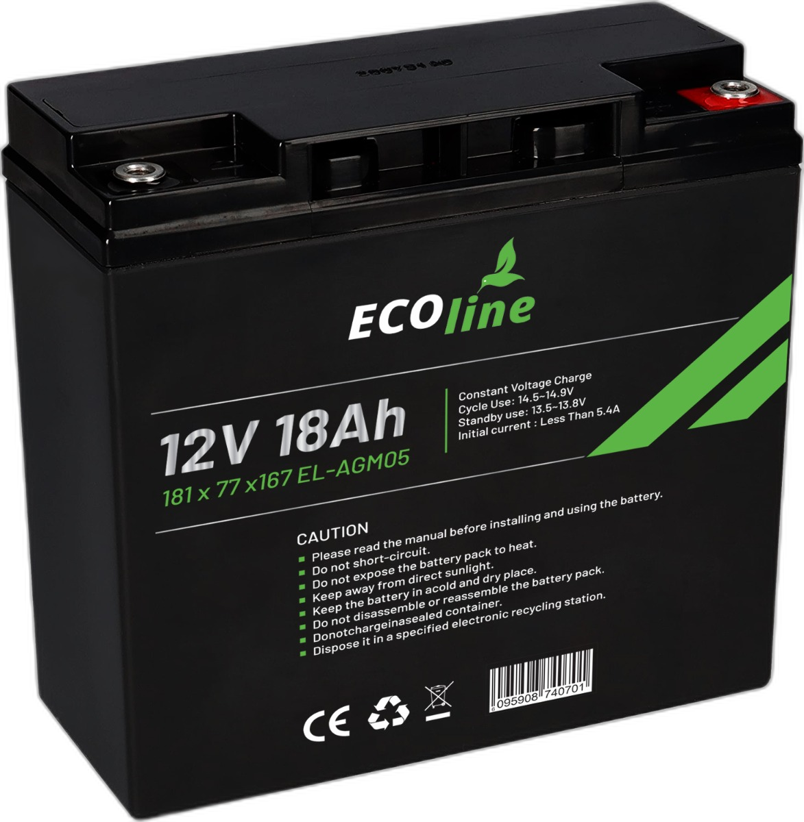 EcoLine - AGM 12V 18AH - 18000mAh VRLA Batterij - 181 x 77 x167 - Deep Cycle Accu