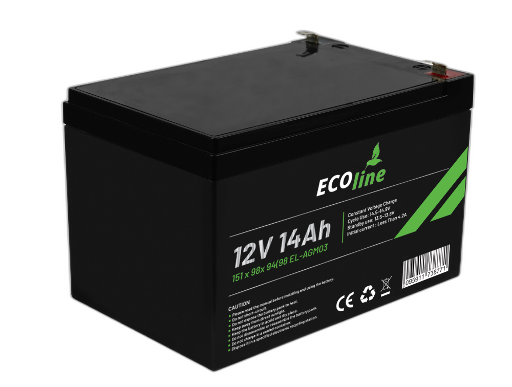EcoLine - AGM 12V 14AH - 14000mAh VRLA Batterij - 151 x 98x 94(98) - Deep Cycle Accu