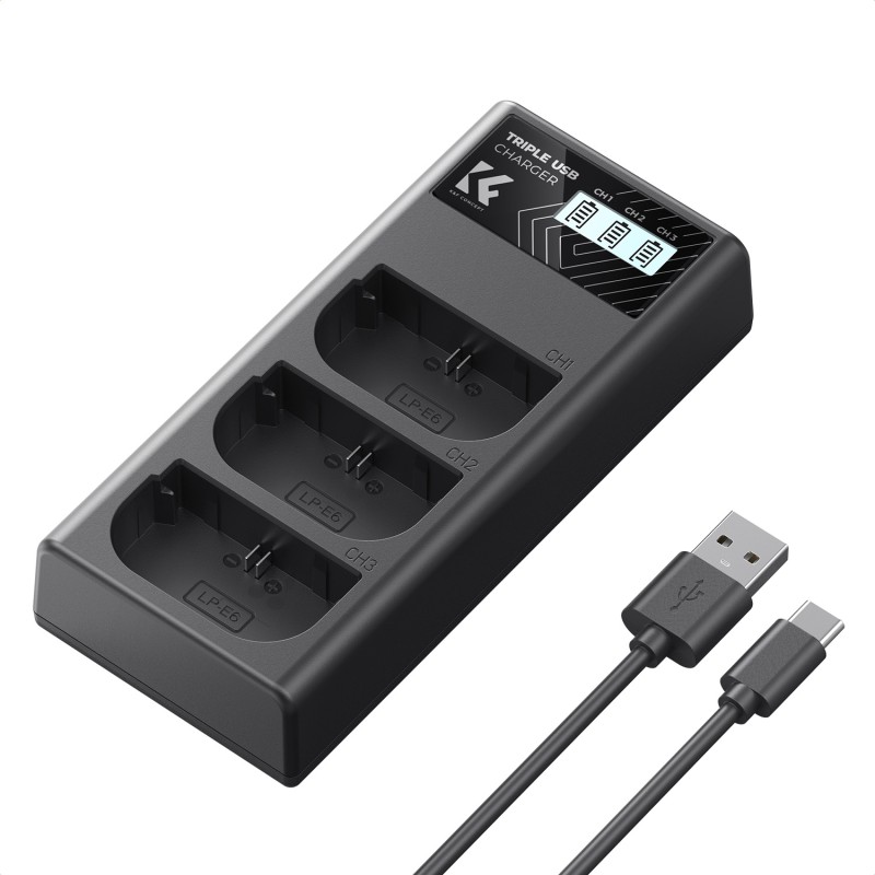 K&F Concept LP-E6NH triple batterij-oplader met USB-C en LCD-display