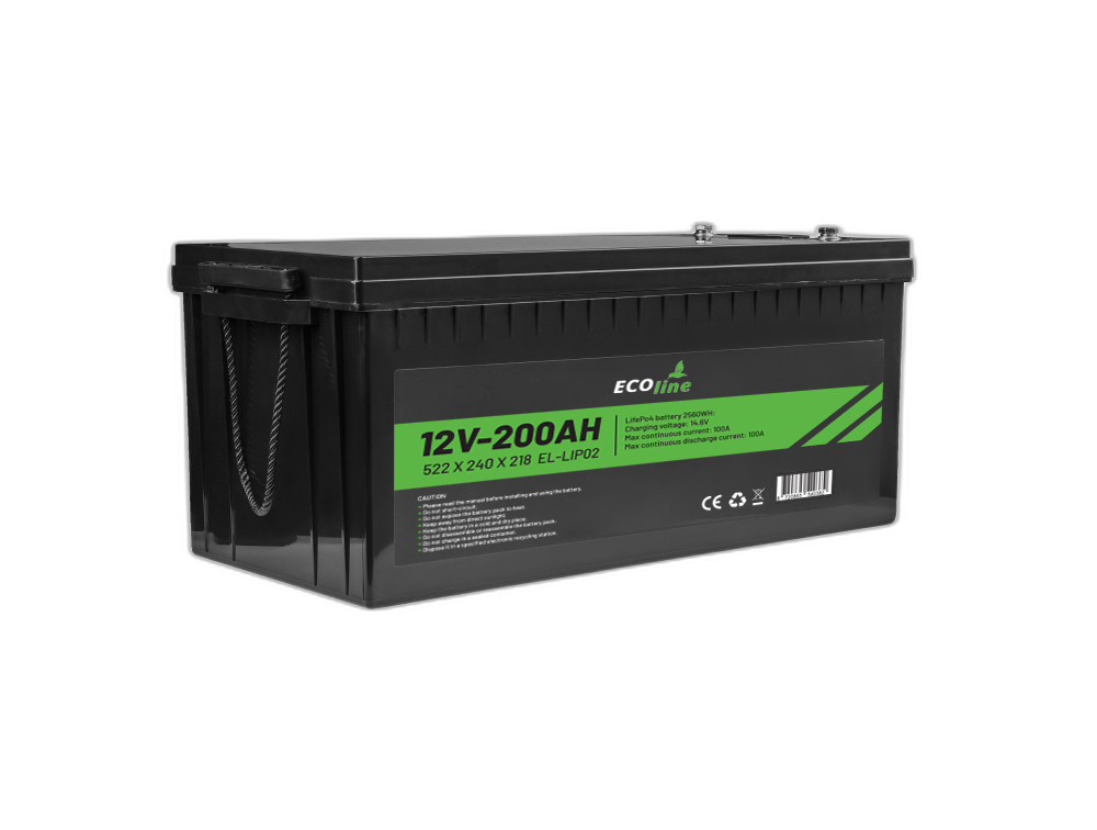 EcoLine - LifePo4 12V 200AH - 200000mAh lithium Batterij - 522 x 240 x 218 - Deep Cycle Accu + Bluetooth