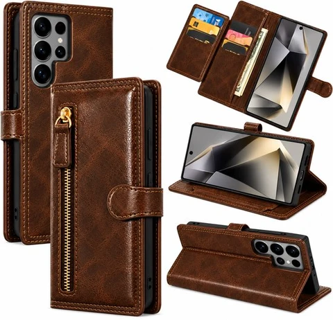 Bookcase Geschikt voor: Samsung Galaxy S26 Ultra - Portemonnee hoesje met ritssluiting en magnetische sluiting -5 pasjes - Donkerbruin