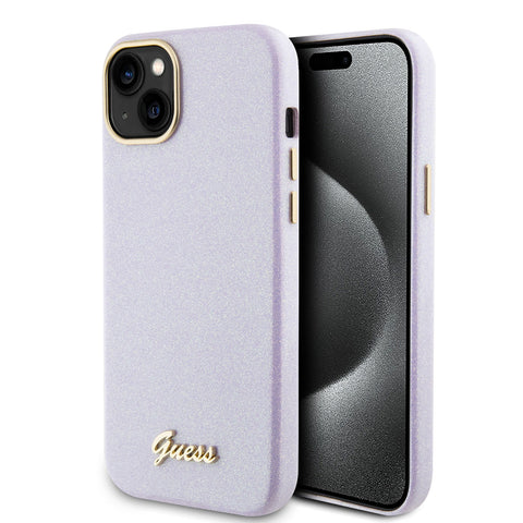 Guess iPhone 15 & 14 Plus TPU Back Cover hoesje - Glitter Glossy Script - Lila