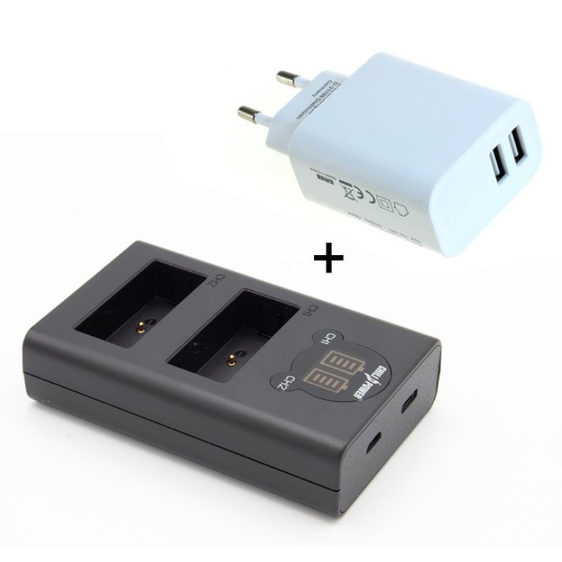 Duo lader voor 2 camera accu's Fujifilm NP-W126 + handige 2 poorts USB 230V adapter