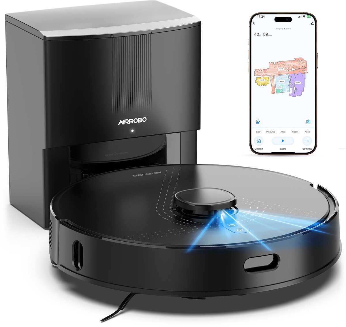 AIRROBO Q20+ Zelfledigende Robotstofzuiger en Dweilrobot – 8000 Pa – 3,5L Stofzak – LiDAR & Meerlaags kartering – App-bediening – 150 min – Zwart