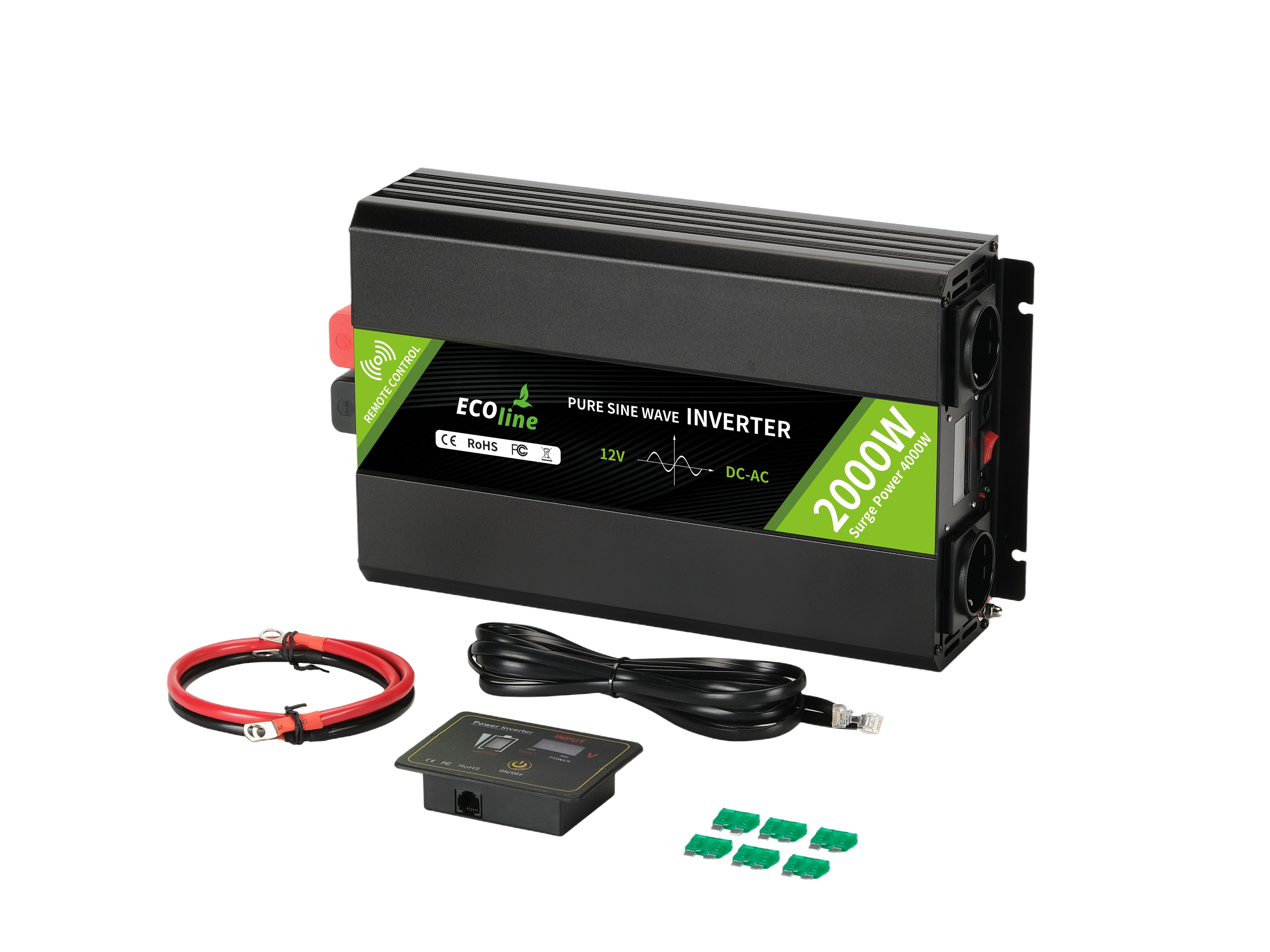 EcoLine - Omvormer 12V Naar 220V/230V - 2000w Vermogen - Zuivere sinus - Spanningomvormer - Remote Controlled