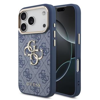 Guess PU Leather 4G Metal Logo Gold Frame Hoesje voor iPhone 17 Pro en iPhone 18 Pro - Blauw