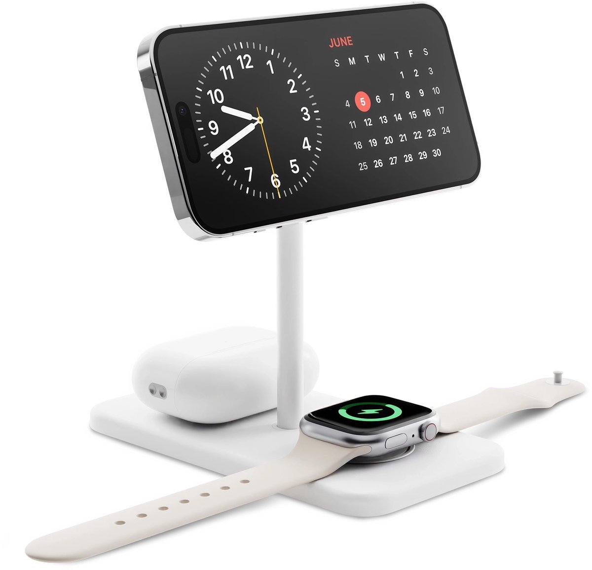 Twelve South HiRise 3 Deluxe 3-in-1 Qi2 Draadloze Oplader – Qi2 15W iPhone opladen – 5W Apple Watch/AirPods opladen – Incl. kabel + 36W USB-C lader – Incl. US, UK, EU, AU-adapters - Wit