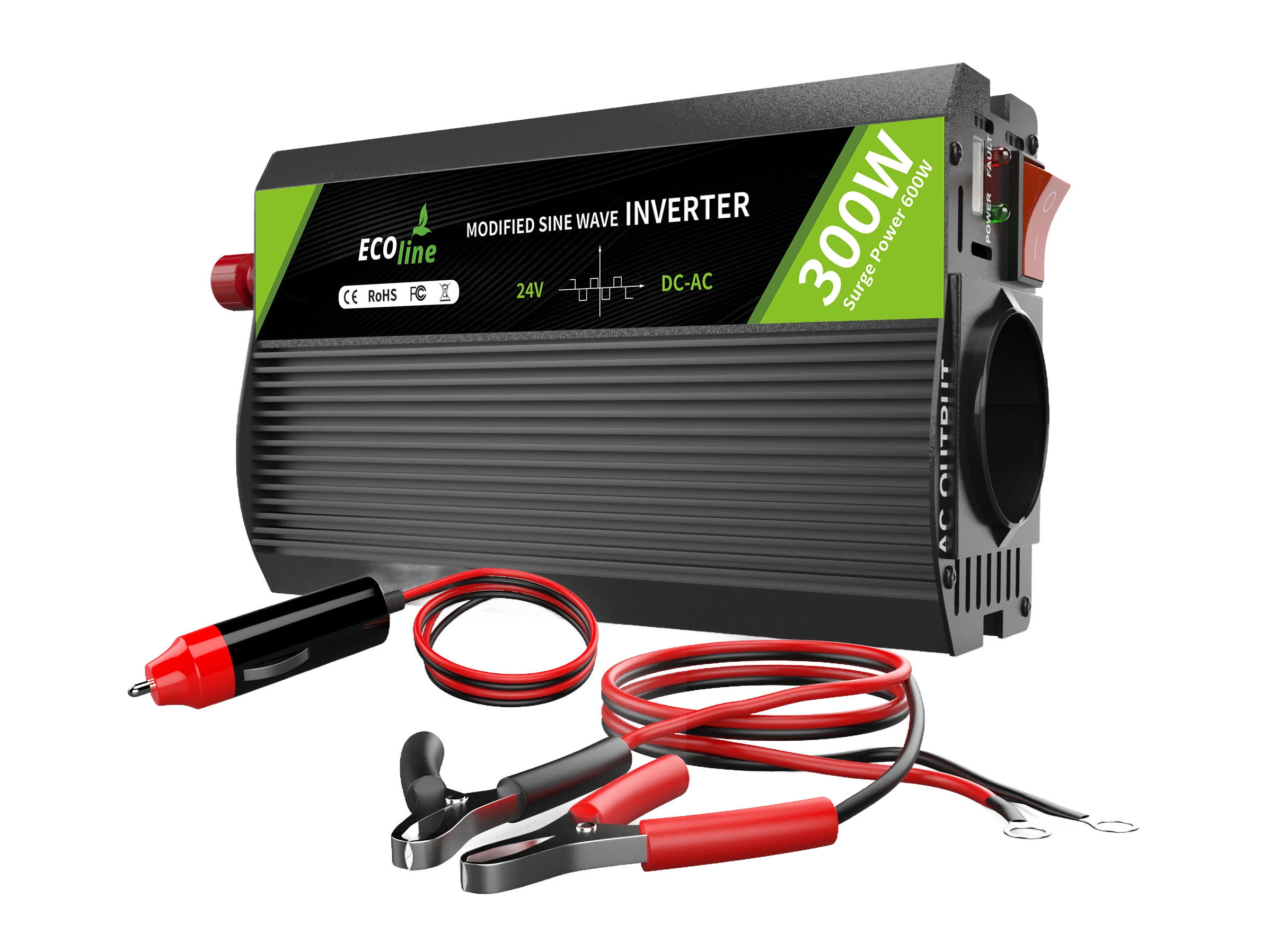 EcoLine - Omvormer 24V Naar 220V/230V sigarettenaanteker - 300w Vermogen 600w piek - Gemodificeerde Sinus - Vrachtwagen omvormer - stopcontact - autolader