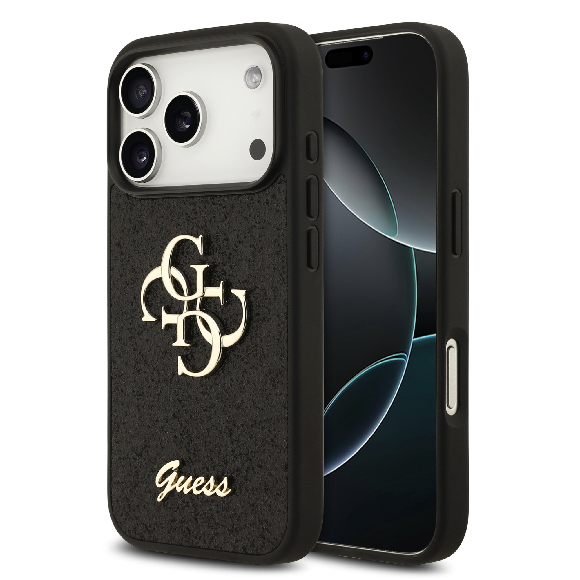 Guess PU Fixed Glitter 4G Metal Logo hoesje voor iPhone 17 Pro en iPhone 18 Pro - Zwart