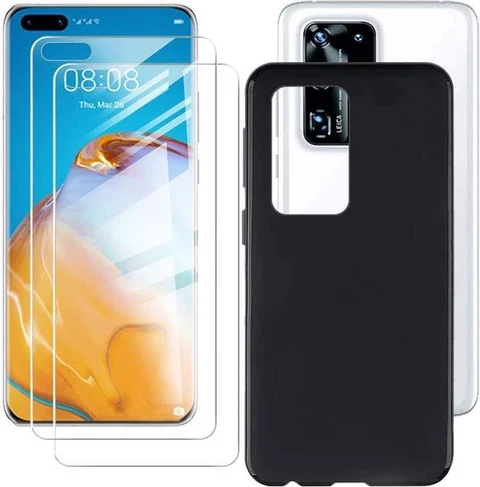 Huawei P40 Hoesjes - Siliconen Backcover TPU - Inclusief 2x Gehard Glas Screenprotector - Zwart