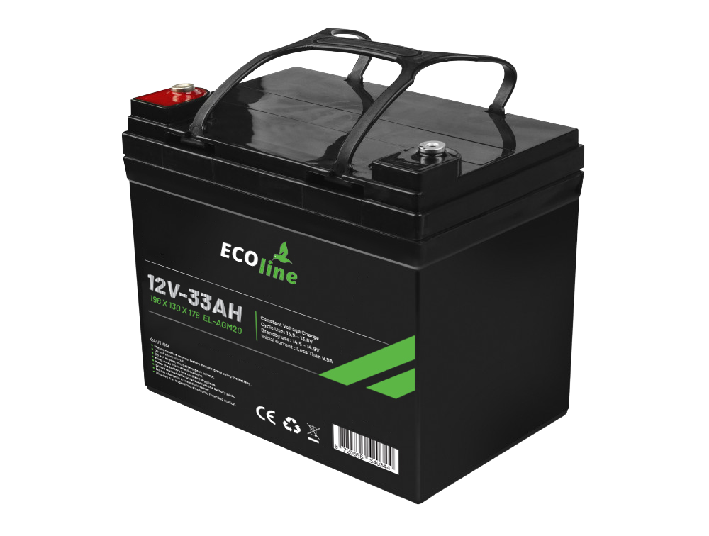 EcoLine - AGM 12V 33AH - 33000mAh VRLA Batterij - 195 x 130 x 175 - Deep Cycle Accu